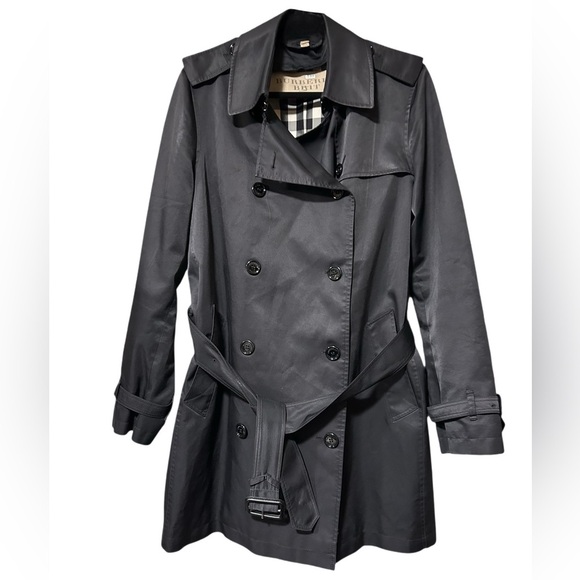 Burberry Brit Nylon Women’s Navy Double Breasted Trench Coat Size 14 Nova Check - Picture 1 of 6